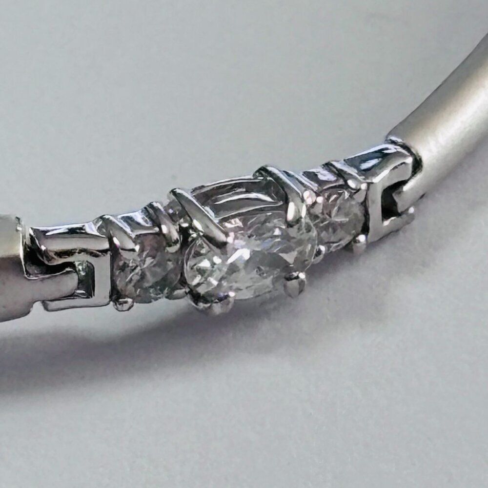 Silver Tone Oval & Round CZ Link Bracelet 7” Box Clasp Sparkle - Picture 3 of 13